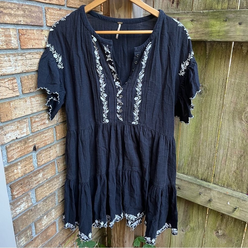 Free People Black Mini Dress with White Embroidery